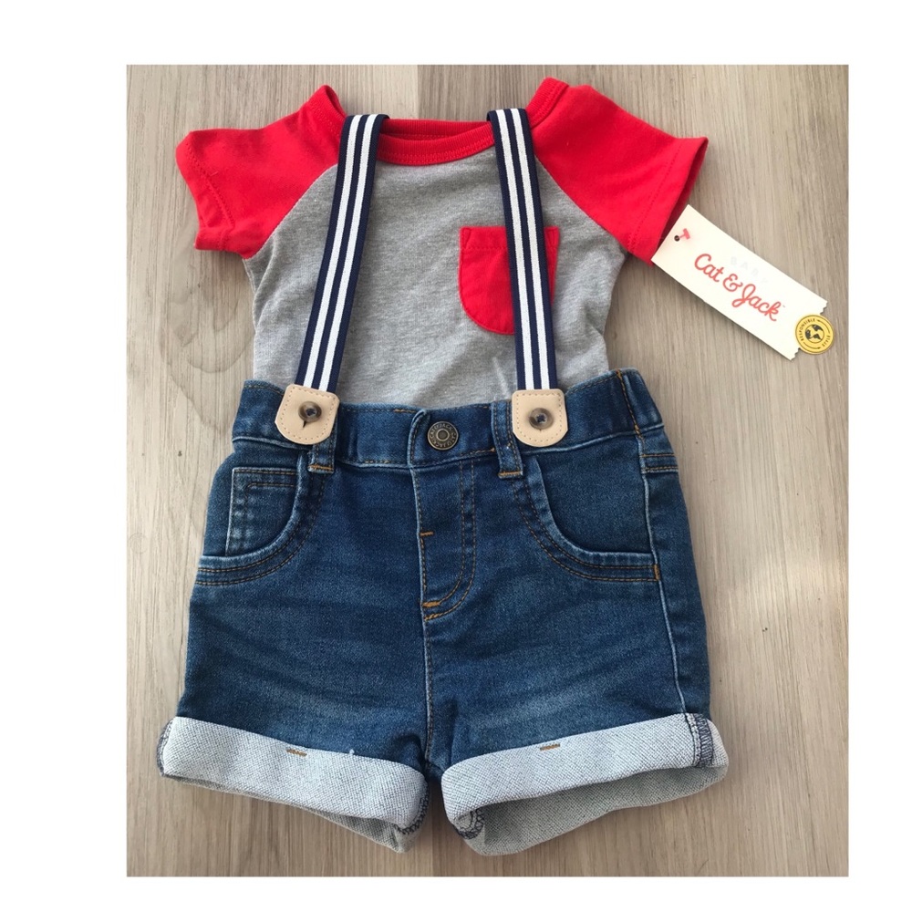 CAT & JACK BABY SHIRT & SHORTS SUSPENDER SET OUTFIT SIZE 0-3 MONTHS - Picture 3 of 6
